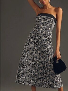 Maeve Strapless Black Dress with White Floral Embroidery